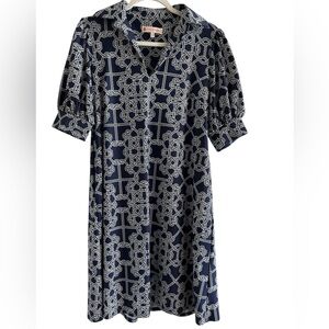 Jude Connally Lattice Ropes Navy and White Geometric Dress XS